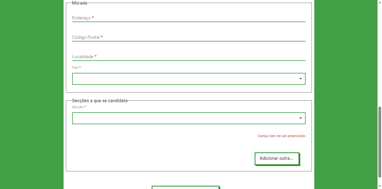 Formulário de inscrição — morada e secções